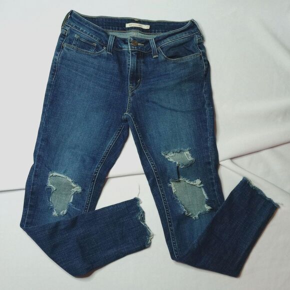 Levi's 535 Super Skinny Distressed Jeggings Cropped Blue Jeans Mid Rise sz 29/28 - Picture 1 of 7